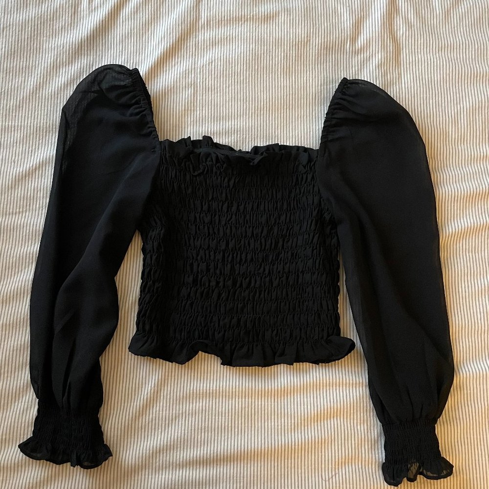 Mesh ruffle puff sleeve top